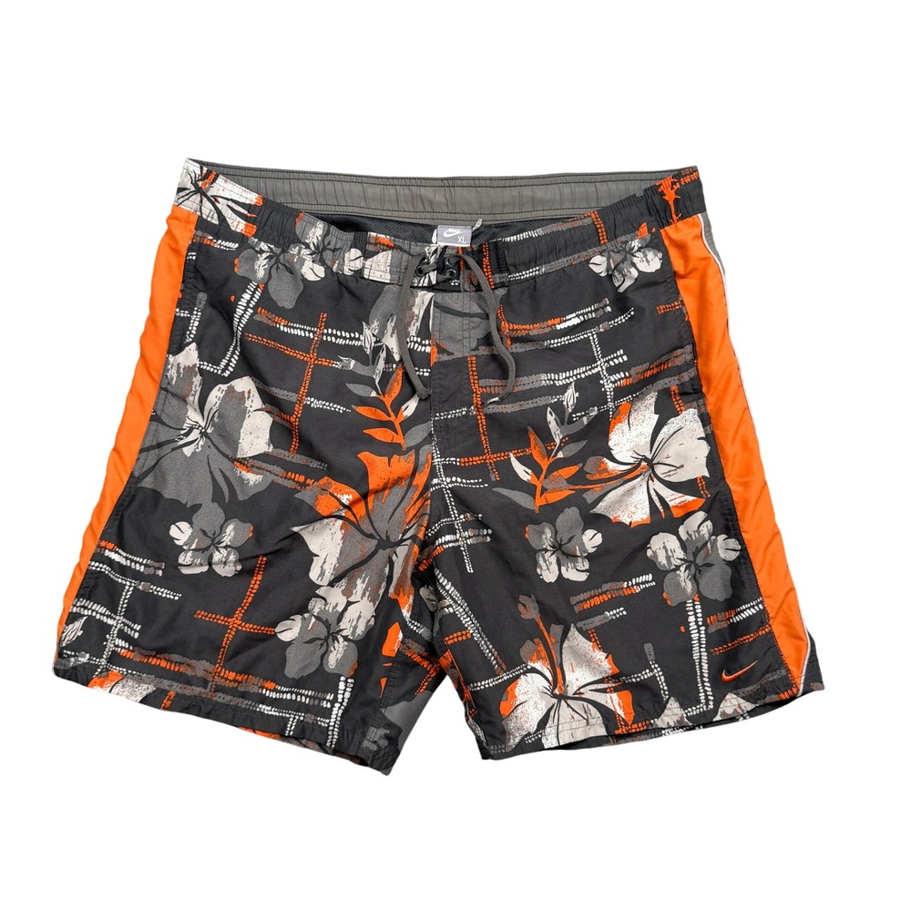 Nike Men's XL Black Orange Floral Board Shorts Swim Trunks Drawstring Pockets